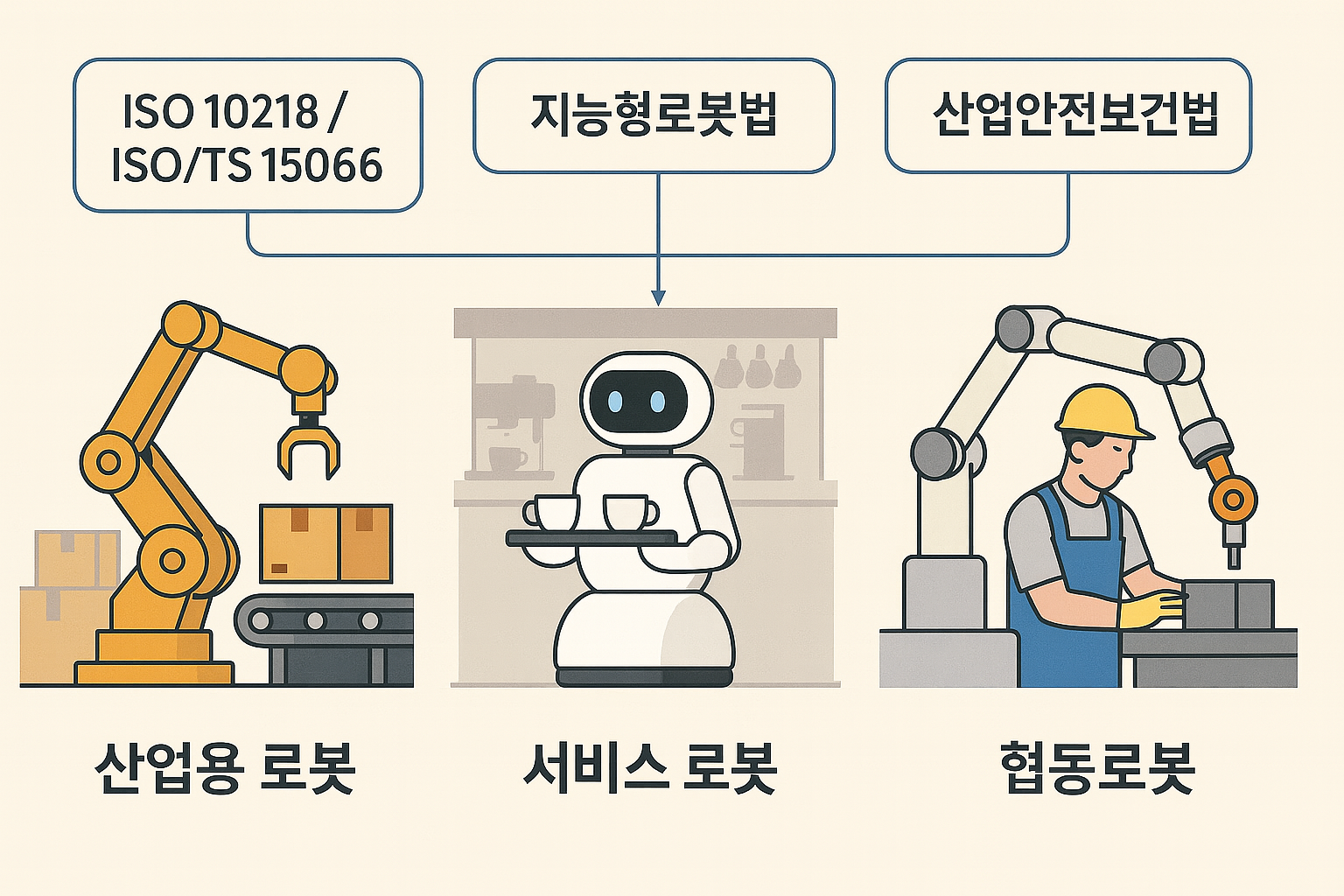 이 인포그래픽은 산업용 로봇, 서비스 로봇, 협동로봇을 각자의 작업 환경에서 보여주며, 각각에 적용되는 법률을 연결선으로 설명하고 있다.
왼쪽에는 상자를 옮기는 산업용 로봇과 &lsquo;ISO 10218 / ISO/TS 15066&rsquo;라는 국제 안전 기준이 연결되어 있고,
중앙에는 커피잔을 서빙하는 서비스 로봇과 &lsquo;지능형로봇법&rsquo;이 연결되어 있다.
오른쪽에는 사람과 함께 작업 중인 협동로봇이 있으며 &lsquo;산업안전보건법&rsquo;이 적용된다.
이미지는 깔끔한 플랫 스타일로 디자인되었으며, 각 요소에는 한국어 라벨이 명확히 표시되어 있다.