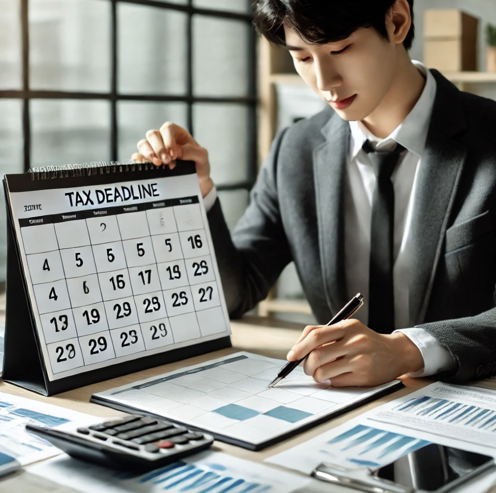  사업가가 캘린더를 보며 세금 신고 및 납부 기한을 체크하는 모습 