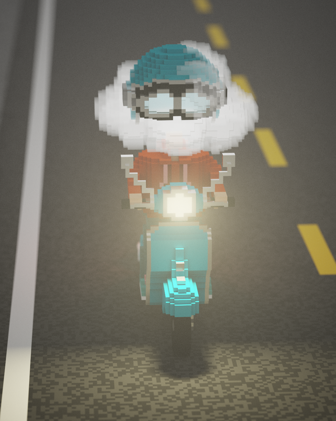 driving in the fog, vespa, motorcycle, fog, voxel