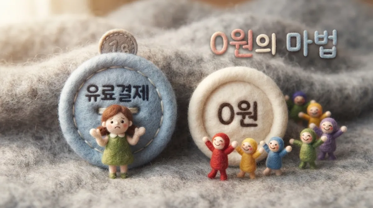 유료결제 버튼 앞에서 망설이는 니들 펠트 인형과 0원 버튼 앞에서 즐겁게 체험하는 인형들을 나란히 배치해 무료 혜택이 만드는 심리적 무장해제를 표현한 이미지