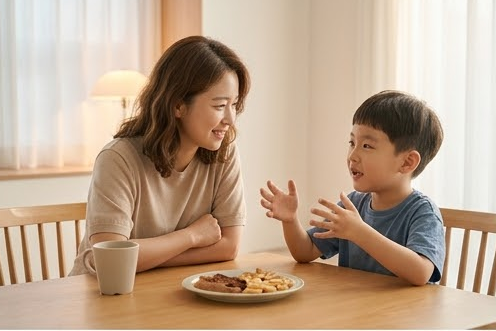식탁에서 엄마에게 오늘 일을 신나게 말하는 아들