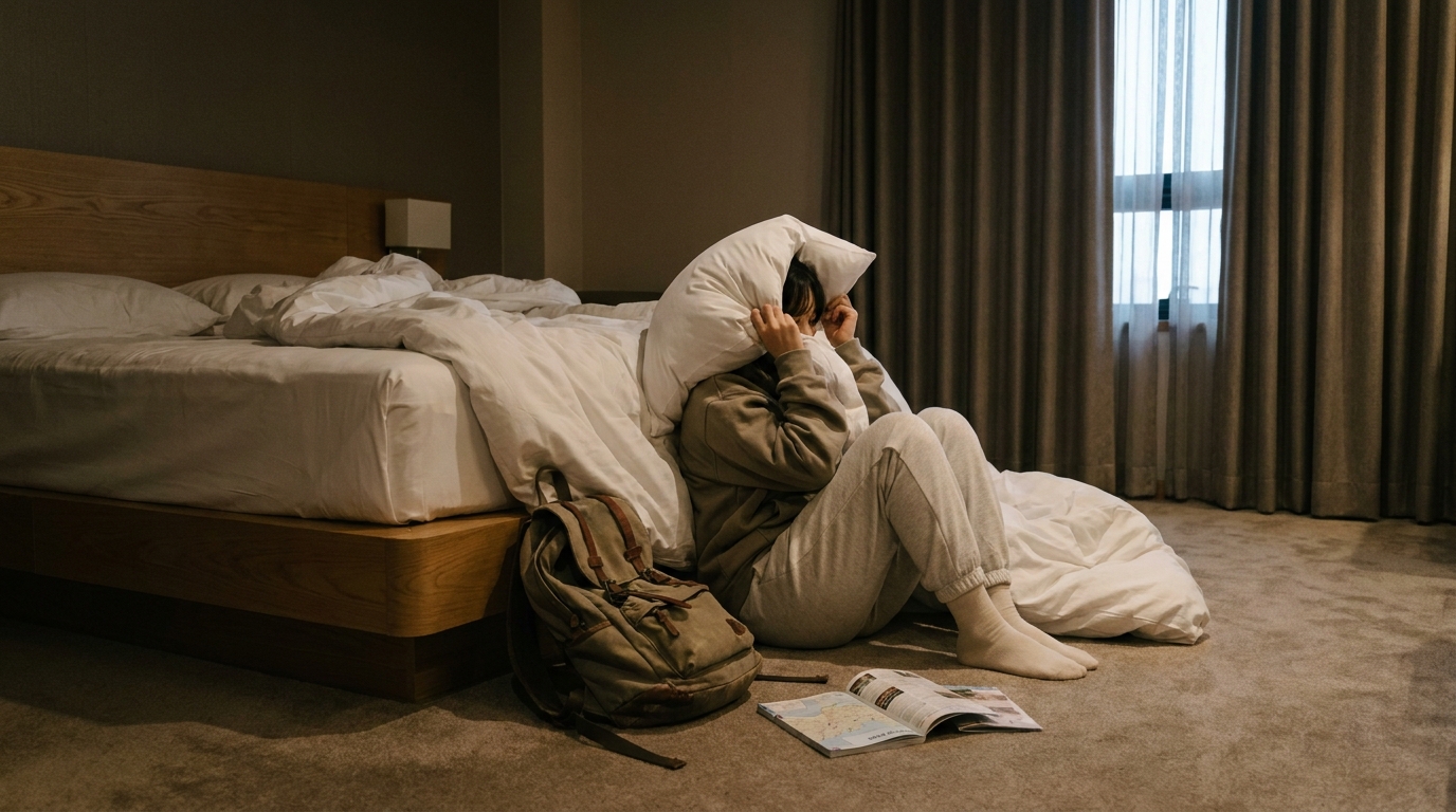 호텔 객실 내 지진 발생 시 안전한 대피 자세