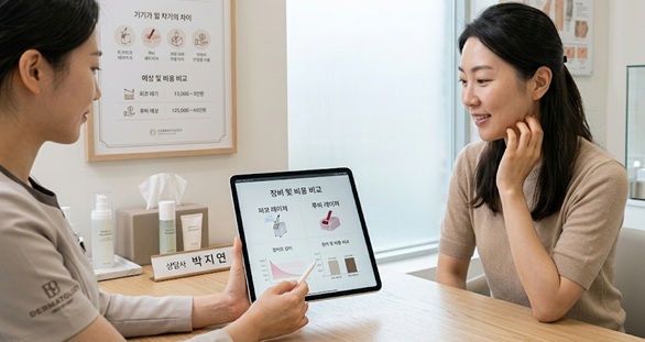 상담실에서 흑자 레이저 비용과 장비에 대해 상담받는 한국인 여성의 모습을 담은 이미지