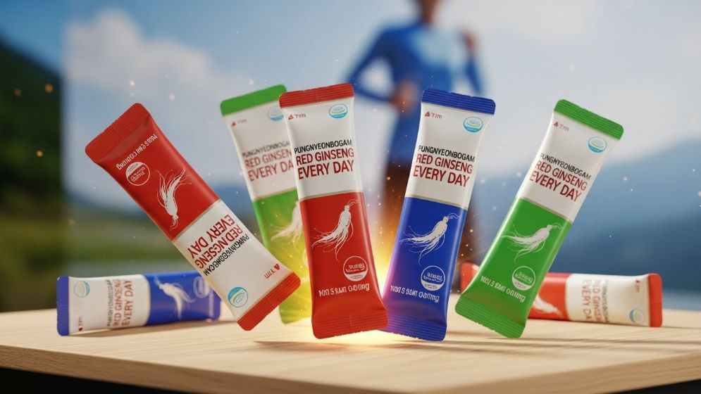 깨끗하고 현대적인 나무 표면에 예술적으로 배치된 여러 개의 '풍년보감 홍삼 매일' 스틱 파우치를 역동적이고 매력적으로 클로즈업한 사진입니다.