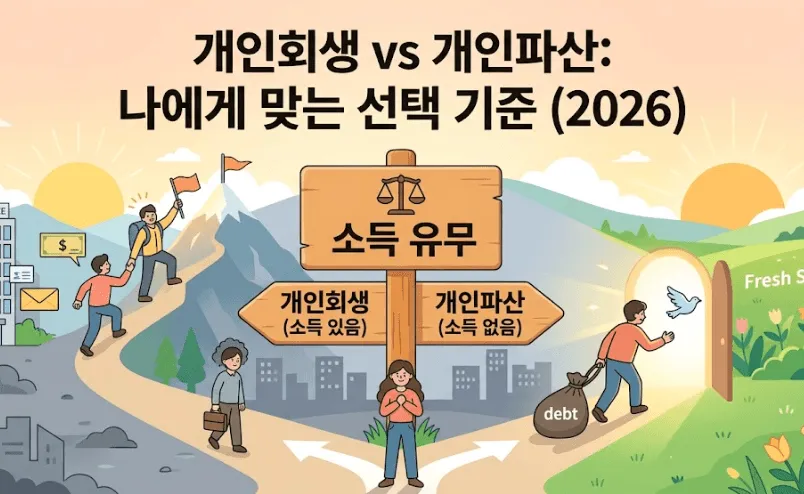 2026년 기준 개인회생과 개인파산 신청 조건의 핵심인 소득 유무를 이정표로 보여주는 일러스트. 소득이 있는 경우 개인회생의 길로, 소득이 없는 경우 개인파산의 길로 나뉘어 채무의 짐을 벗고 새출발하는 모습을 시각화하여 내게 맞는 채무조정 제도 선택을 돕는 이미지입니다.
