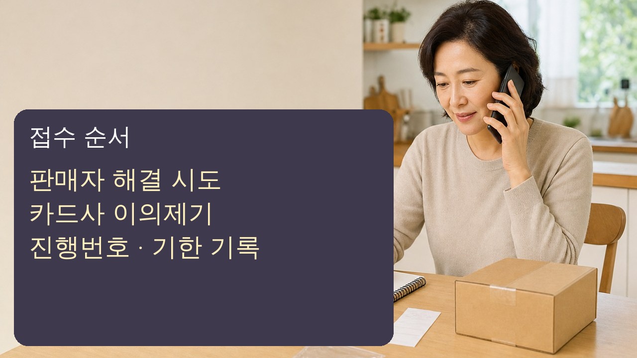 중년 소비자가 카드 발급사에 해외결제 이의제기를 접수하고 진행번호와 기한을 기록하는 장면