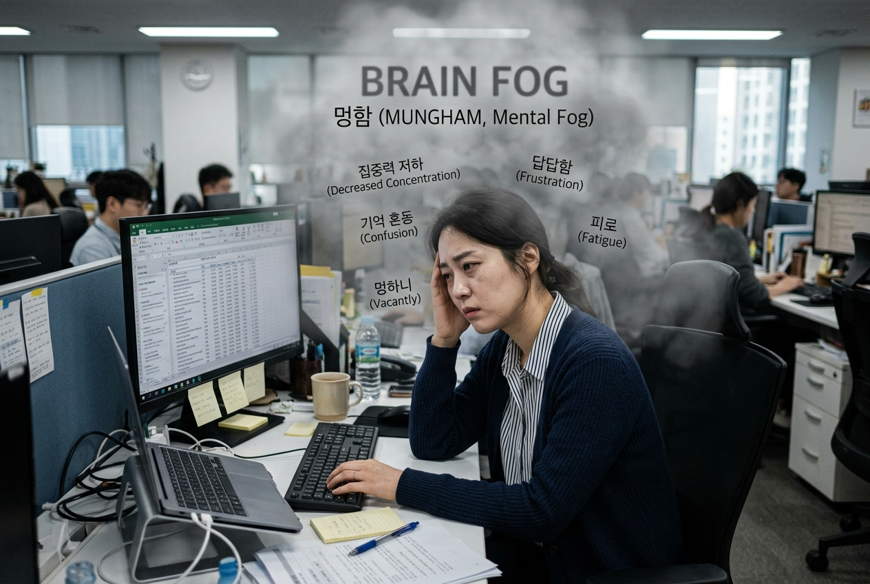 브레인포그 증상으로 머리에 짙은 안개가 낀 것처럼 답답해하며 모니터 앞에서 집중하지 못하는 직장인의 모습