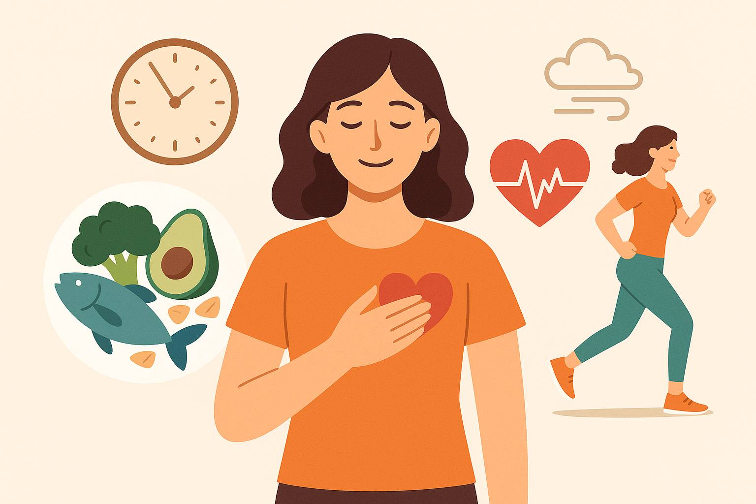 강한 심장을 위해 올바른 식습관, 운동, 수면을 실천하는 여성을 표현한 모습