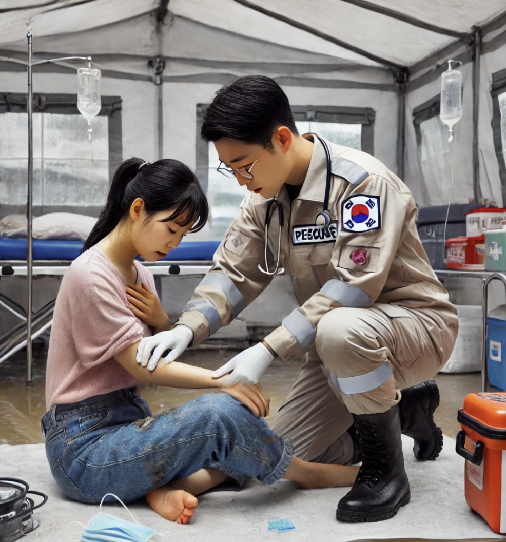 재난 구호 텐트에서 홍수 피해자에게 의료 지원을 제공하는 구호 활동가.