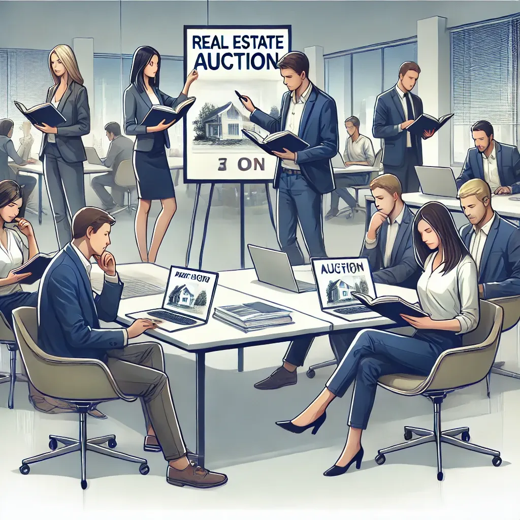 사람들이 부동산 경매 투자를 위해 서류를 검토하며 공부하는 모습