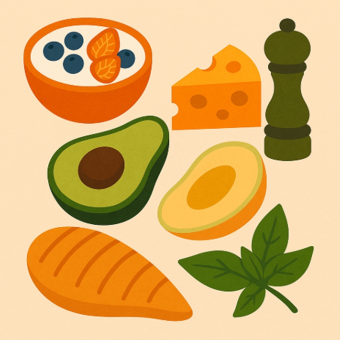 아보카도, 요거트, 연어, 치즈 등 단백질과 영양이 풍부한 다이어트용 식재료 일러스트