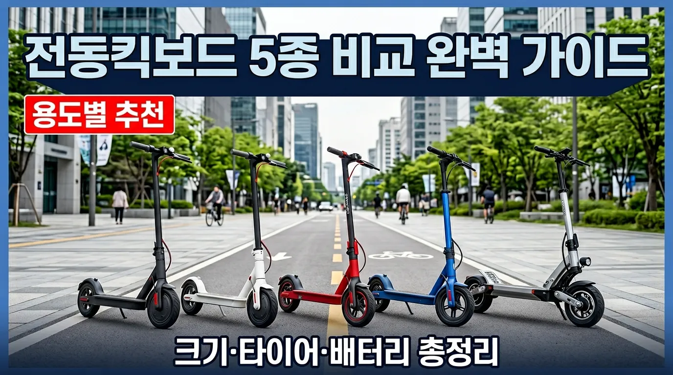 자전거 도로 위에 나란히 세워진 전동 킥보드 다섯 대