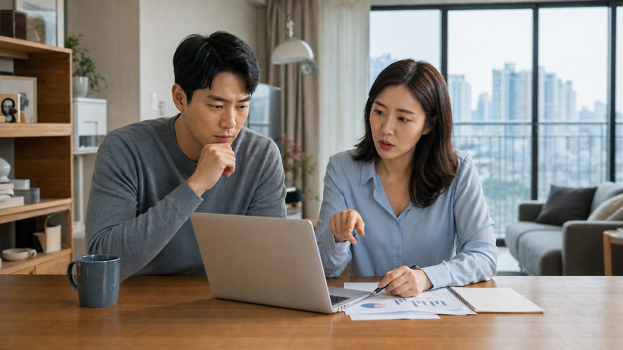 아파트 거실 식탁에서 주택시장 자료를 함께 살펴보는 한국인 부부