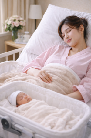 산후조리원에서 숙면 중인 산모와 아기, 회복 시작을 느끼는 장면