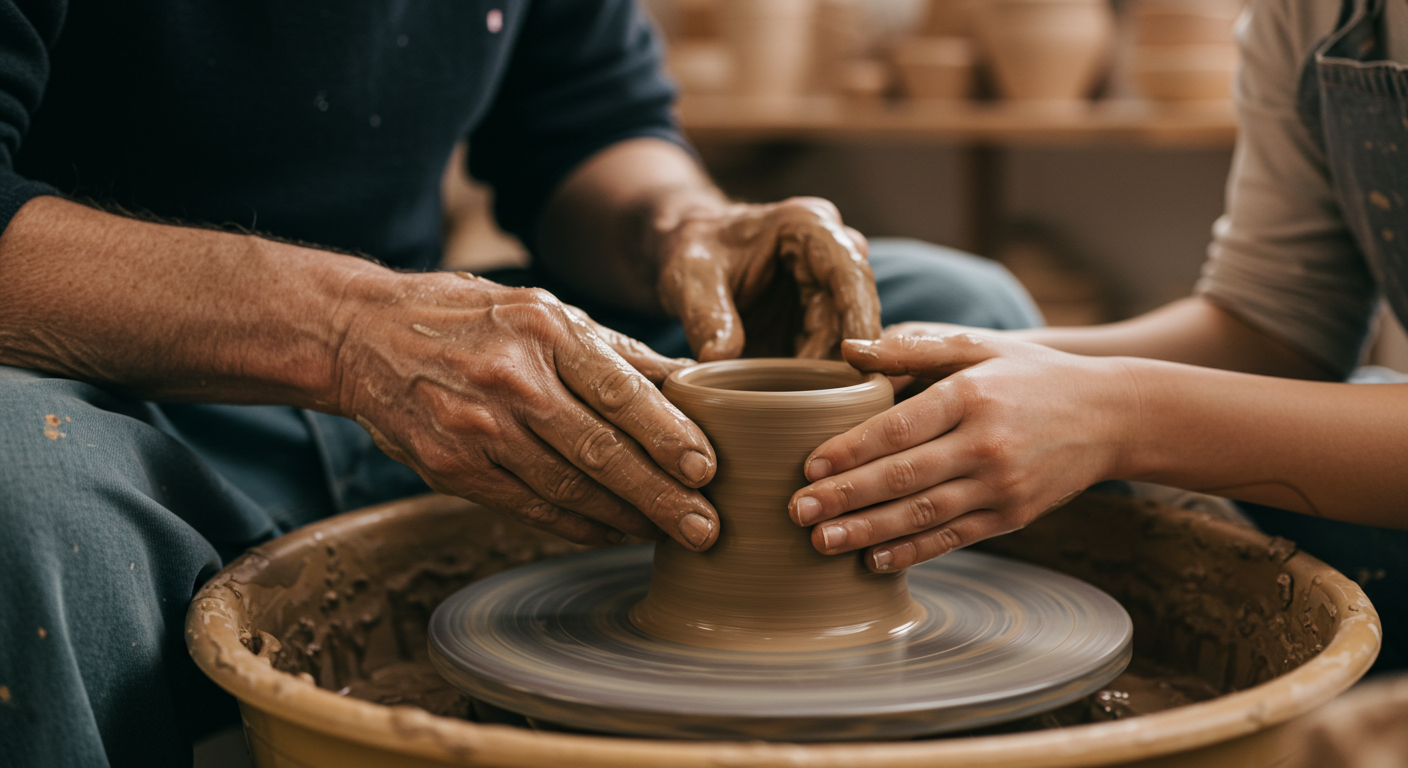 전문가와 함께 물레를 굴리는 모습