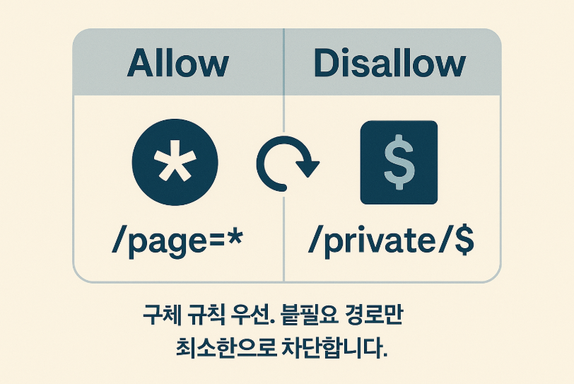 Allow/Disallow 매트릭스—와일드카드(*)·끝표시($) 예시 도식