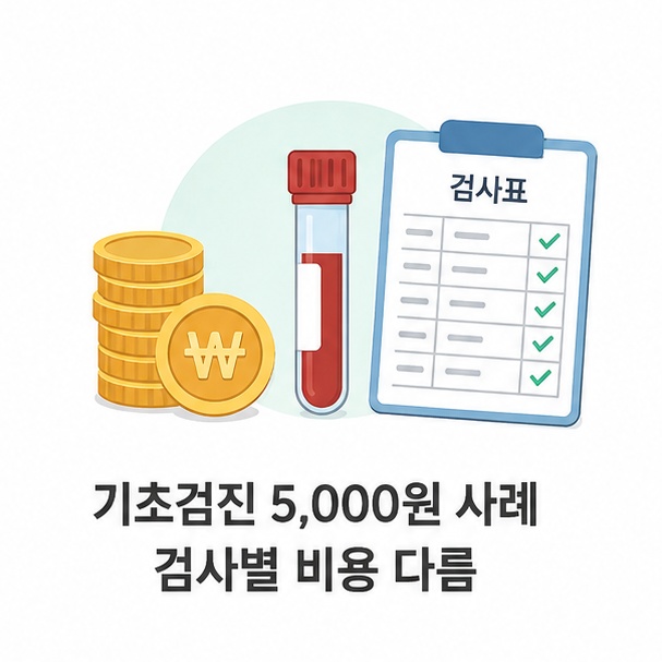 혈액검사 도구와 동전, 검사표로 기초검진 비용과 검사별 비용 차이를 표현한 이미지