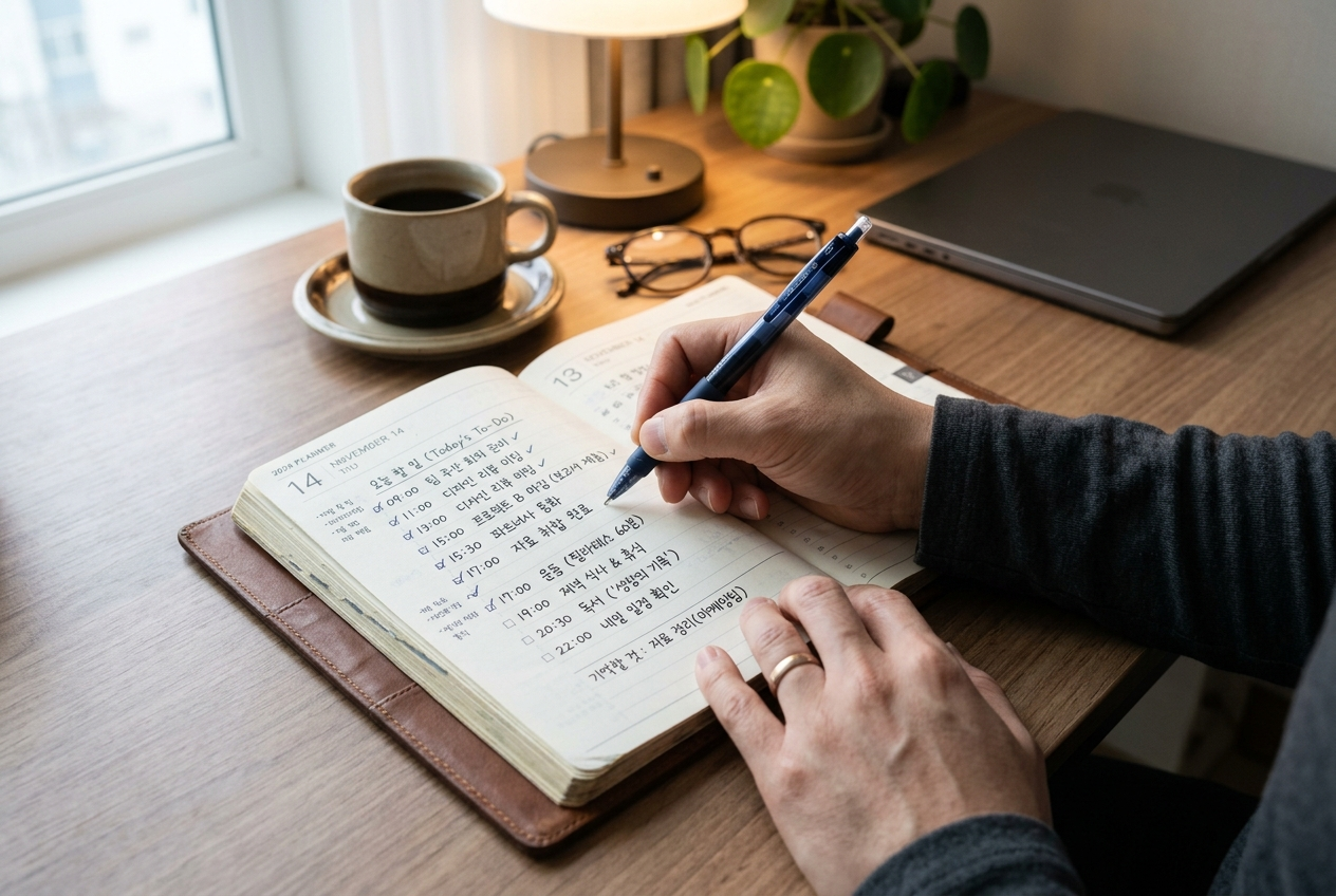 플래너에 오늘 할 일을 꼼꼼하게 정리하며 일상을 계획하는 성인의 손과 노트