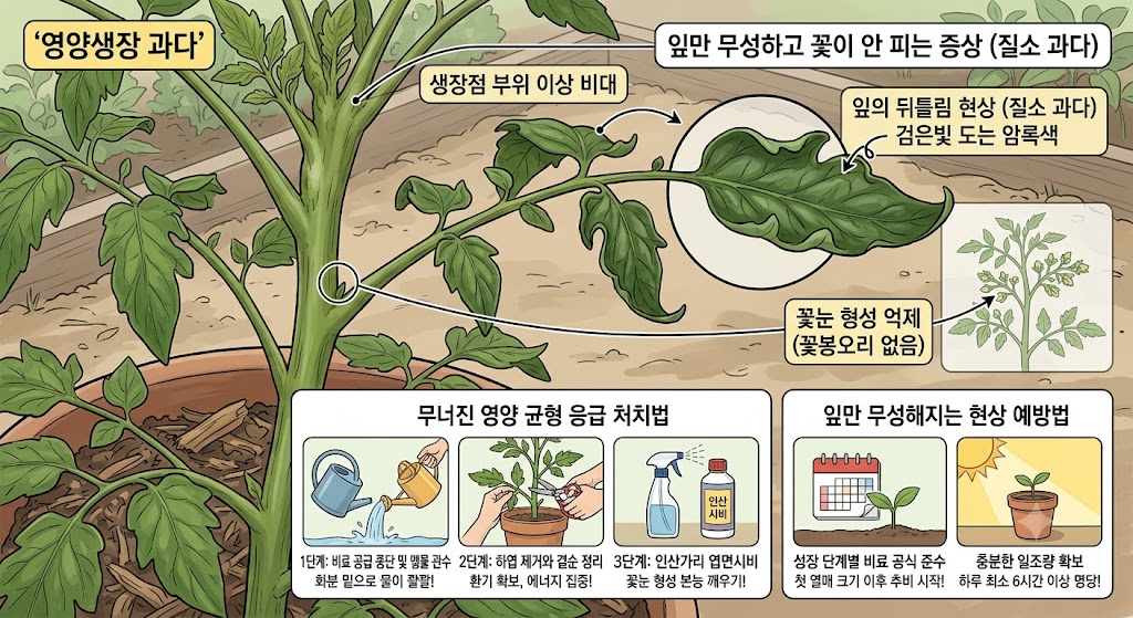 질소 과다로 인해 위쪽 줄기가 비정상적으로 굵어지고 잎이 짙은 암록색으로 안으로 말려 들어간 방울토마토의 모습을 텃밭 현장에서 관찰하는 설명 삽화
