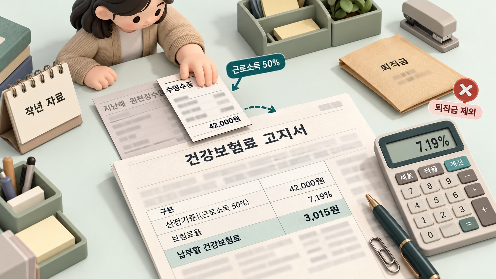 지난해 원천징수영수증 급여의 절반만 고지서로 옮겨지는 장면