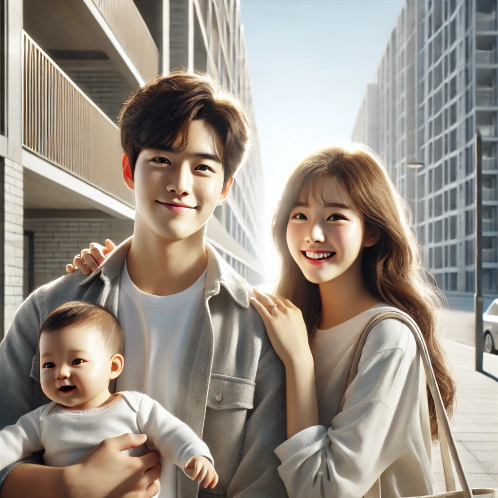 아기와 함께 단지를 걷는 신혼부부&amp;#44; 행복한 표정