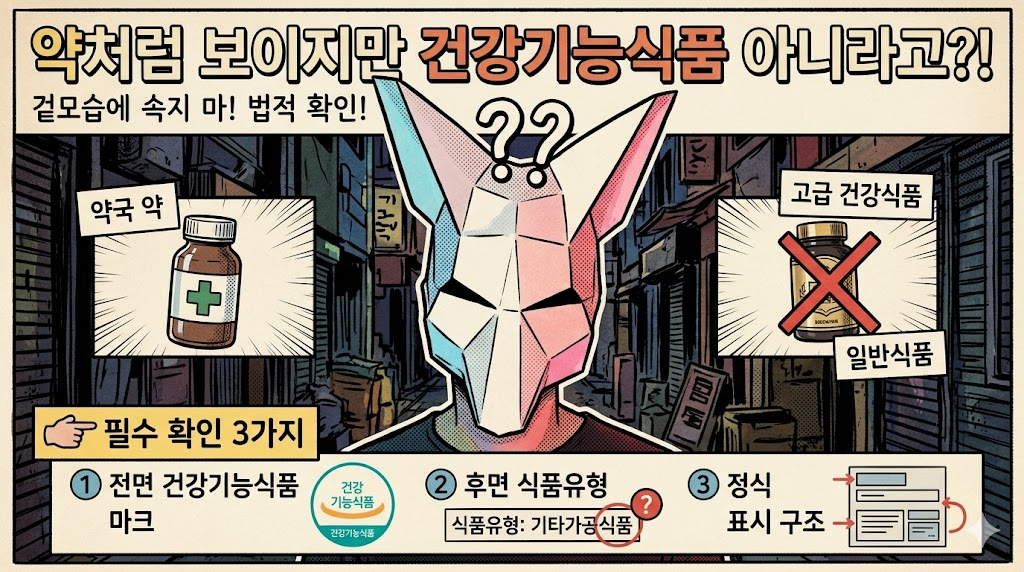 약처럼 보이지만 건강기능식품이 아닐 수 있다는 점과 전면 마크&middot;후면 식품유형&middot;표시 구조 확인의 중요성을 강조한 이미지
