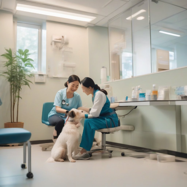 3. 강아지 치아 스케일링 상담을 위해 수의사와 이야기하며 강아지를 부드럽게 안고 있는 한국인 여성 보호자, 밝고 깔끔한 진료실