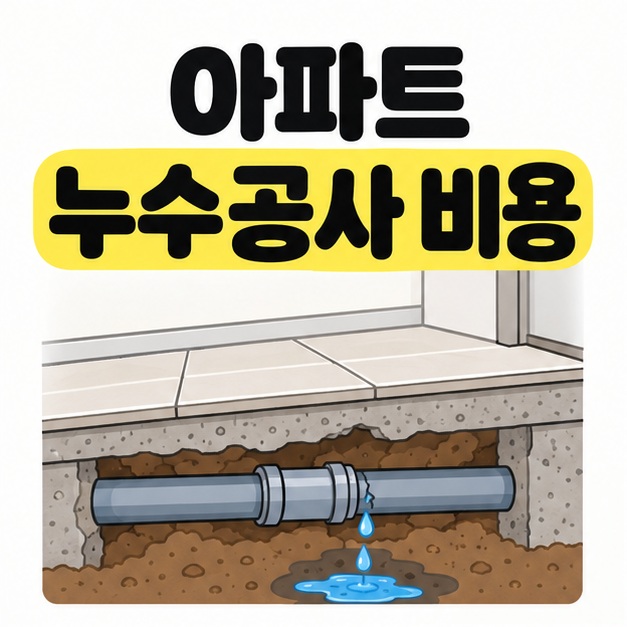 아파트 누수공사 비용 제목 아래 타일 바닥 속 배관의 틈에서 물방울이 새는 단면을 보여주는 대표 이미지