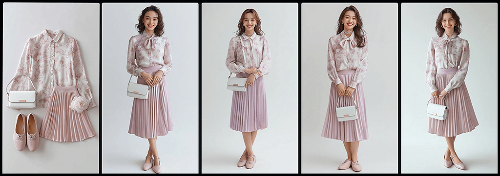 룩북, OREF로 고정된 로맨틱 페미닌 스커트룩을 입은 20대 여성 모델의 전신 화보 이미지_Midjourney