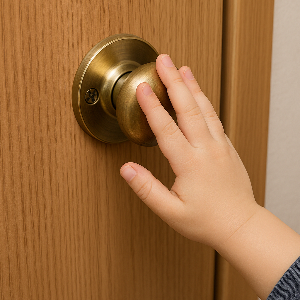 아이의 손등이 황동 문손잡이를 가볍게 터치하며 온도를 확인하는 장면