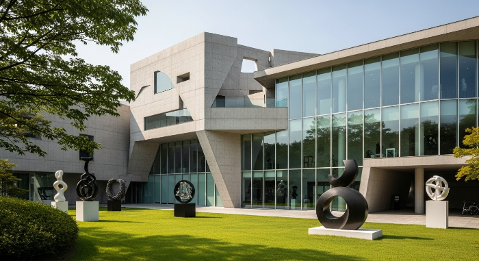 자연 속에 현대 건축미가 돋보이는 경기도 미술관 외관과 야외 조각 공원