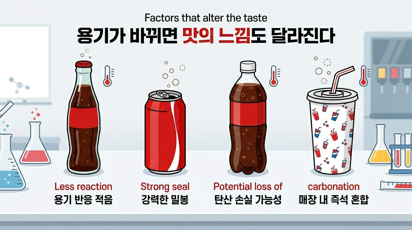 유리병 캔 페트병 파운틴 콜라컵의 맛 차이 요인을 비교한 인포그래픽