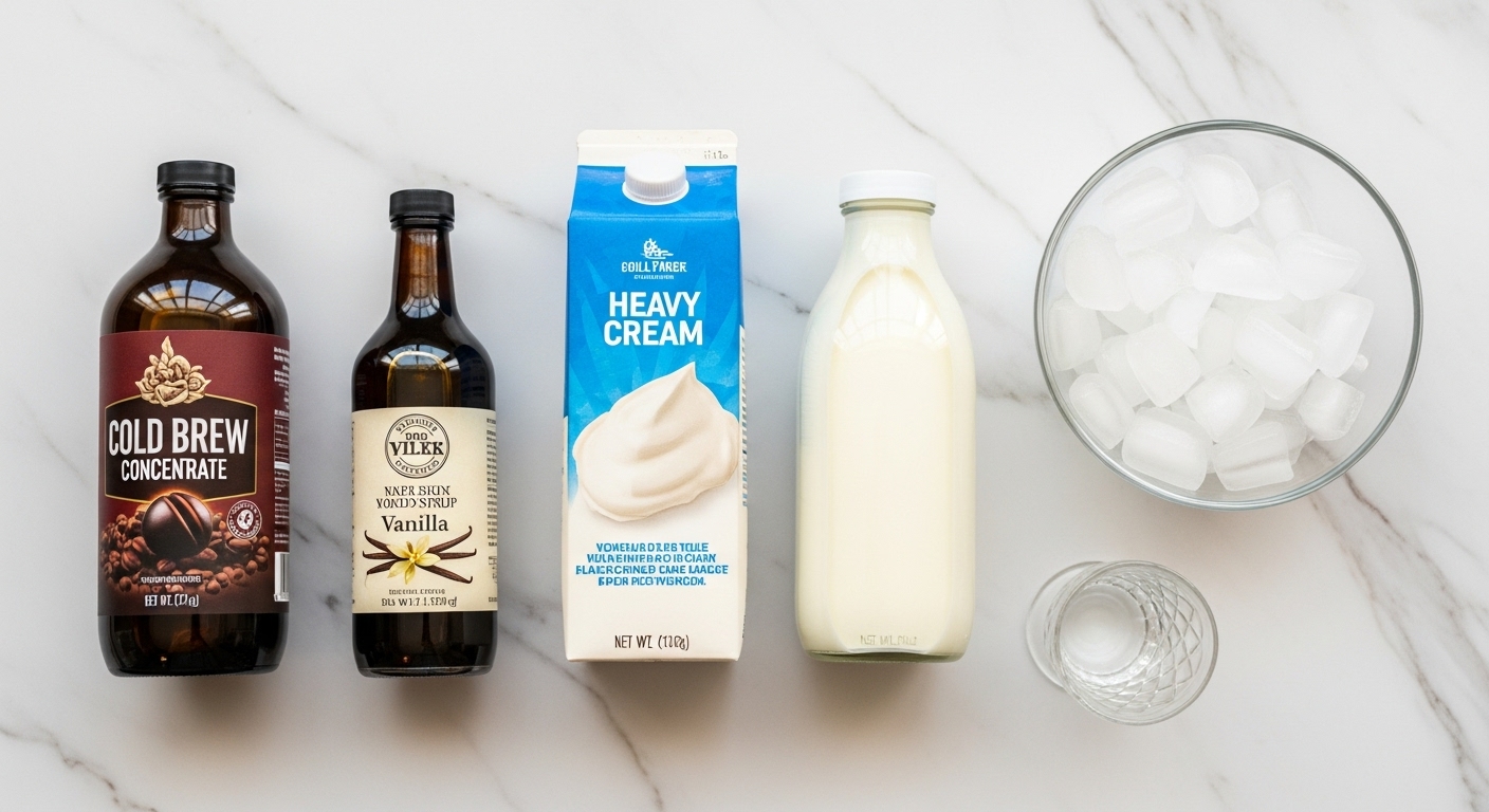 바닐라 크림 콜드브루를 만들기 위한 재료들. 콜드브루 원액, 생크림, 우유, 바닐라 시럽, 얼음이 준비되어 있다.