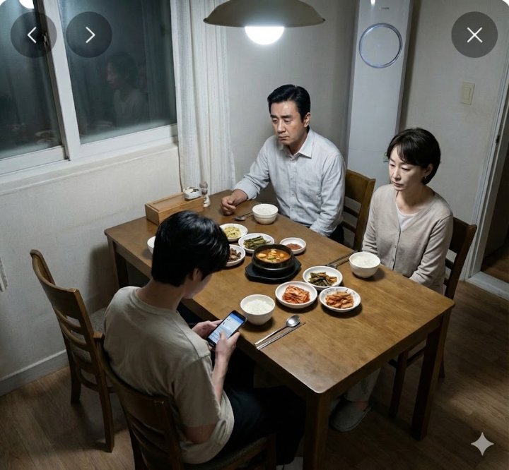 함께 있지만 마음은 먼 가족들의 식사 시간