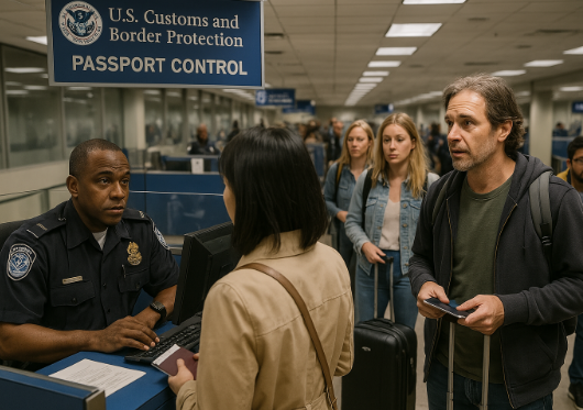 미국 입국심사처앞 심사관과 여행객 사진