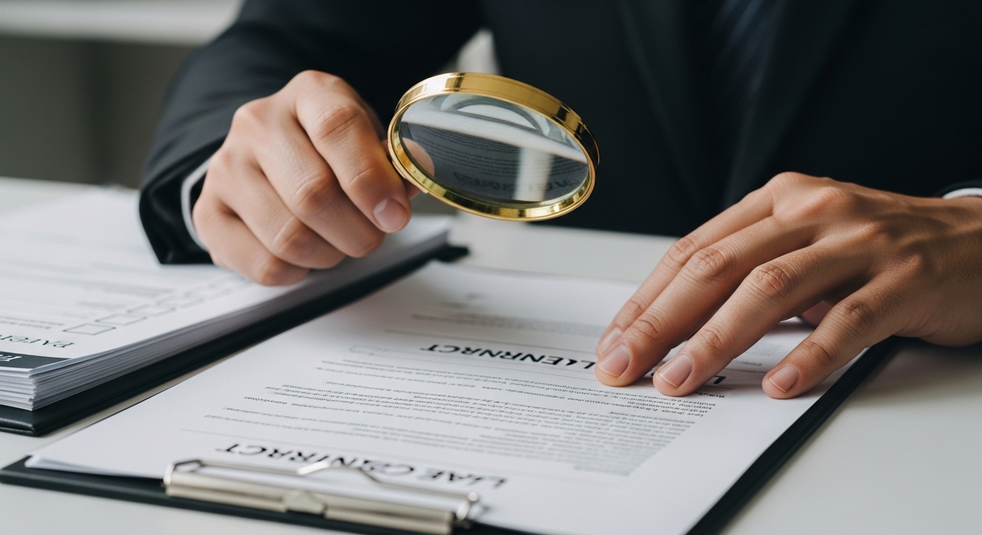 돋보기를 들고 임대차 계약서를 꼼꼼히 확인하는 사람의 손 클로즈업. 배경에는 등기부등본과 체크리스트가 보이며 철저한 서류 검토의 중요성을 강조한다.