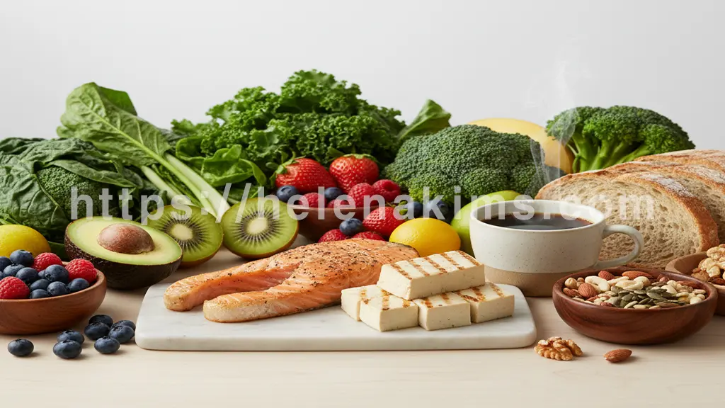 깨끗하고 밝은 배경 위에 신선한 녹색 채소, 다채로운 과일, 블랙 커피 한 잔, 구운 연어, 두부, 통곡물 빵, 소량의 견과류가 배치된 스틸 라이프 사진.