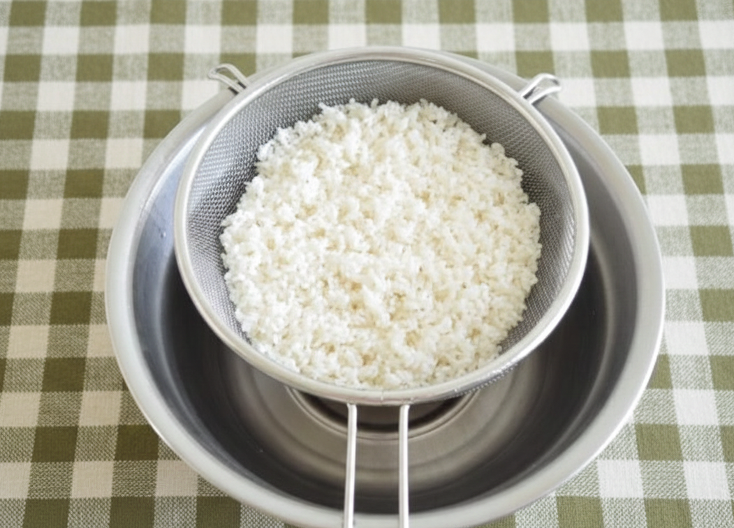 씻은 쌀을 채반 에 받혀 불리고 있는 모습