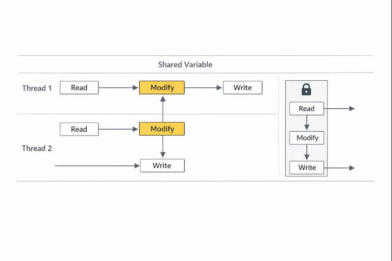 공유 상태를 여러 실행 흐름이 동시에 건드리는 경쟁 구조