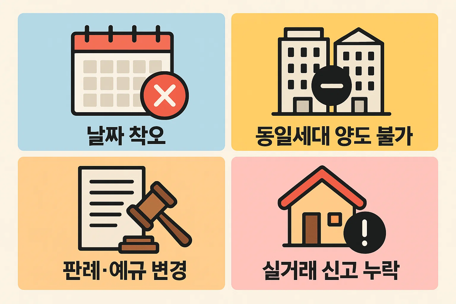 1세대1주택 양도소득세 비과세 시 주의해야 할 리스크로 날짜 착오, 동일세대 양도 불가, 판례와 예규 변경, 실거래 신고 누락 등을 설명한 인포그래픽