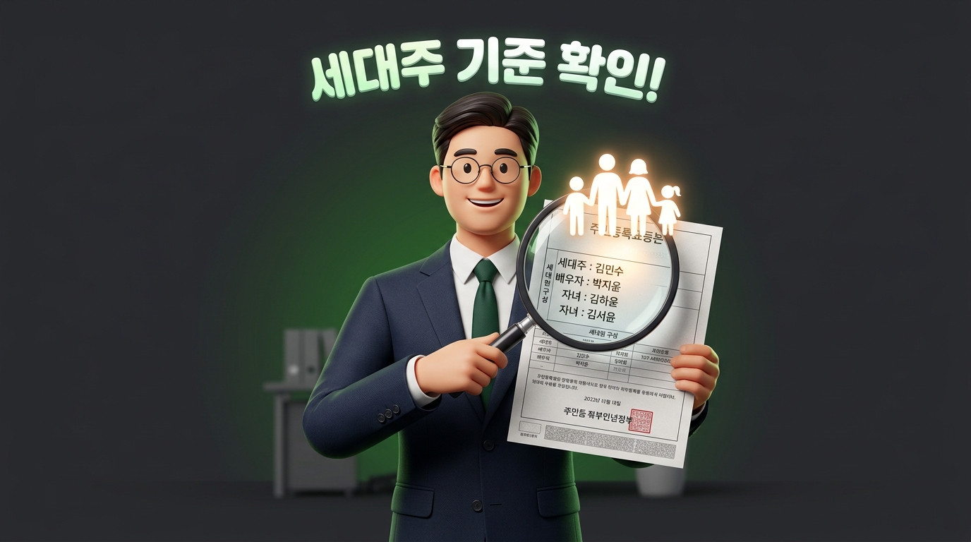 고유가 피해지원금 신청을 위해 주민등록등본의 세대주 기준을 확인하는 캐릭터 썸네일