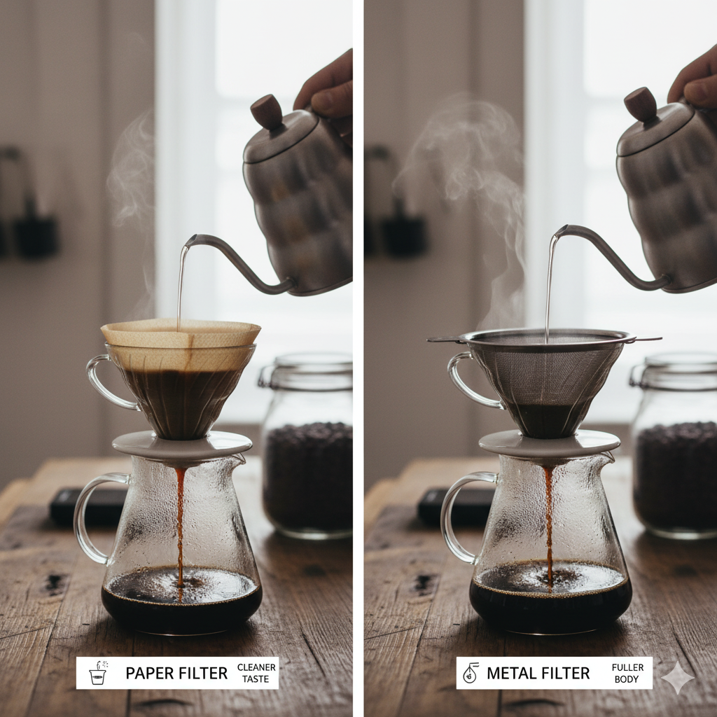 종이필터와 금속 영구필터를 나란히 놓고 커피를 추출하는 모습(이미지 생성:google)