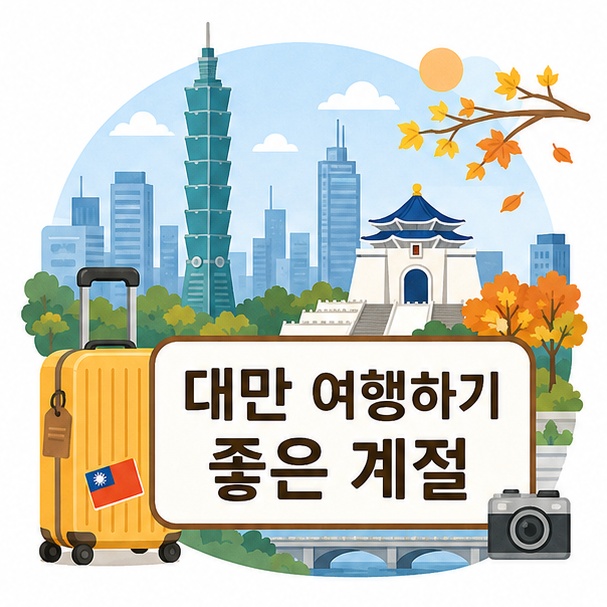타이베이의 가을 도시 풍경과 여행가방을 이용해 대만 여행하기 좋은 계절을 소개하는 그림