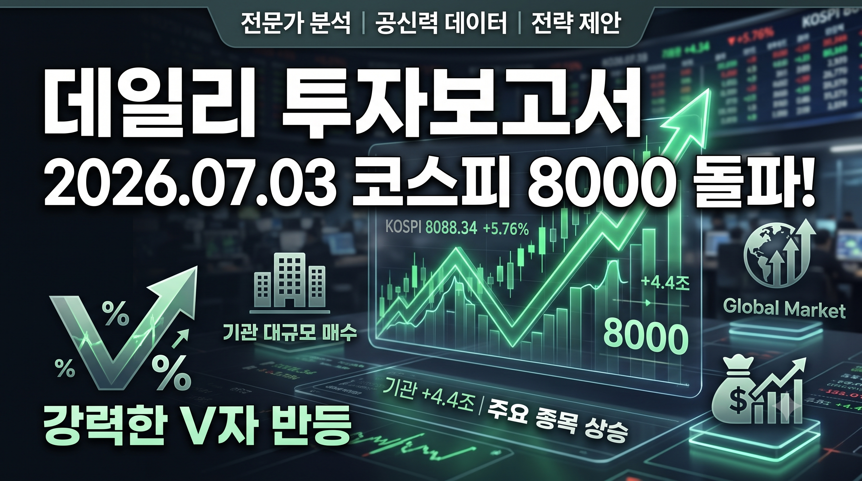 2026년 7월 3일 코스피 8000선 돌파 및 V자 반등 성공 인포그래픽 썸네일