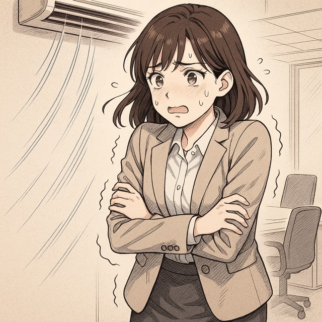 사무실 에어컨 앞에서 추위에 떨며 팔을 감싸 안은 여성 직장인의 모습(출처: 자체제작)