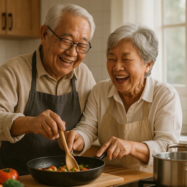 함께 요리하며 웃고 있는 노부부의 모습