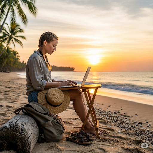노트북으로 업무를 보는 여행자와 해변 풍경