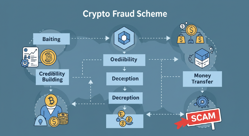 가상자산 사기 수법의 단계별 특징을 보여주는 플로우차트