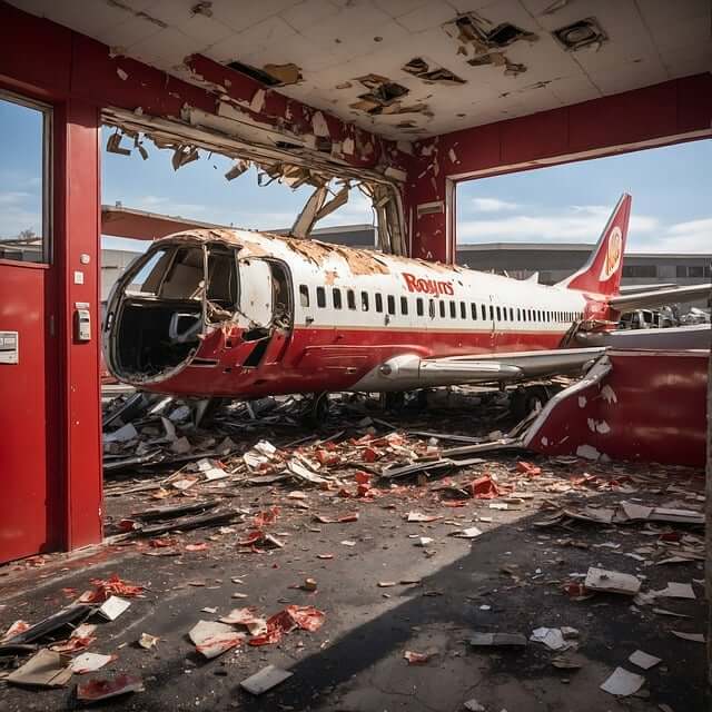 사고난-비행기-부셔진-건물들