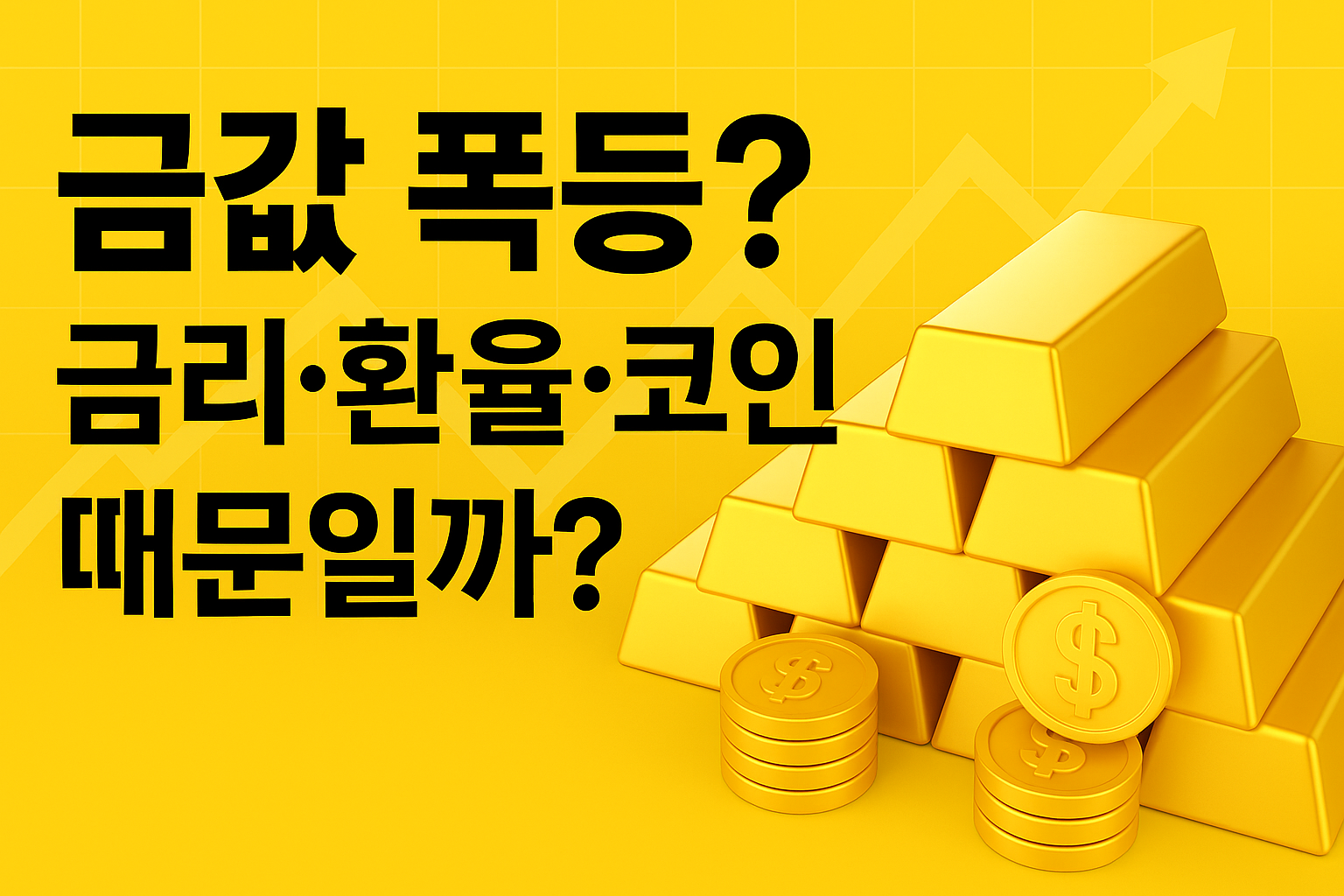 금값 폭등? 금리·환율·코인 때문일까? 라는 문구가 적힌 노란색 배경의 썸네일 이미지. 오른쪽에는 금괴와 금화가 쌓여 있으며, 상승 화살표 그래프가 배경에 그려져 있음.
